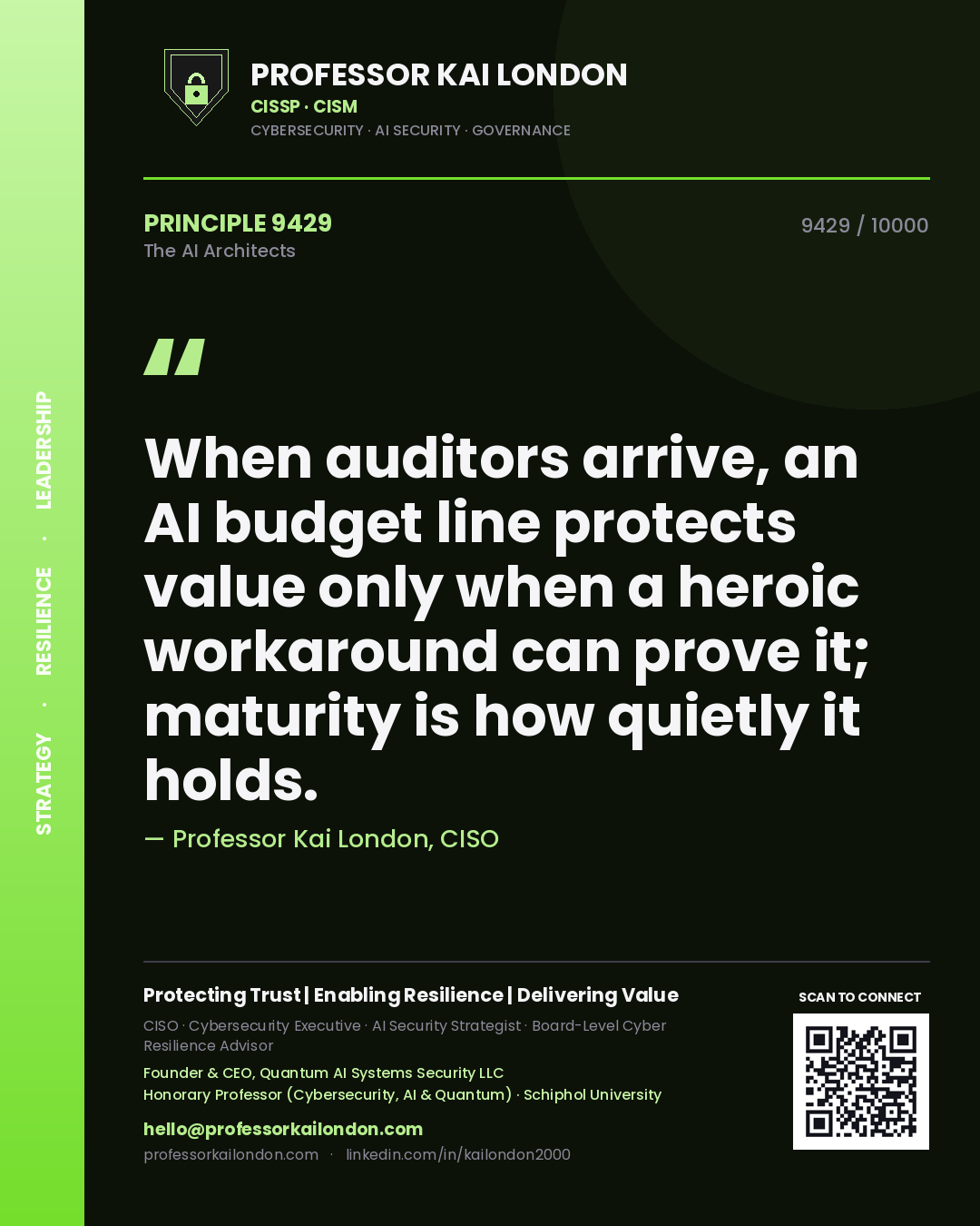 Professor Kai London principle 9429: When auditors arrive, an AI budget line protects value only when a heroic workaround can prove it; maturity is how quietly it holds.