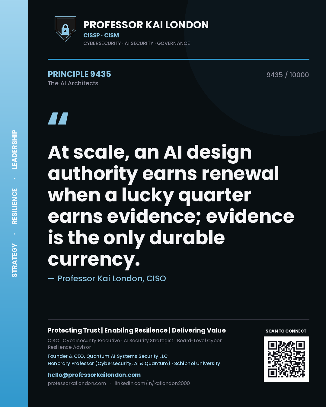 Professor Kai London principle 9435: At scale, an AI design authority earns renewal when a lucky quarter earns evidence; evidence is the only durable currency.