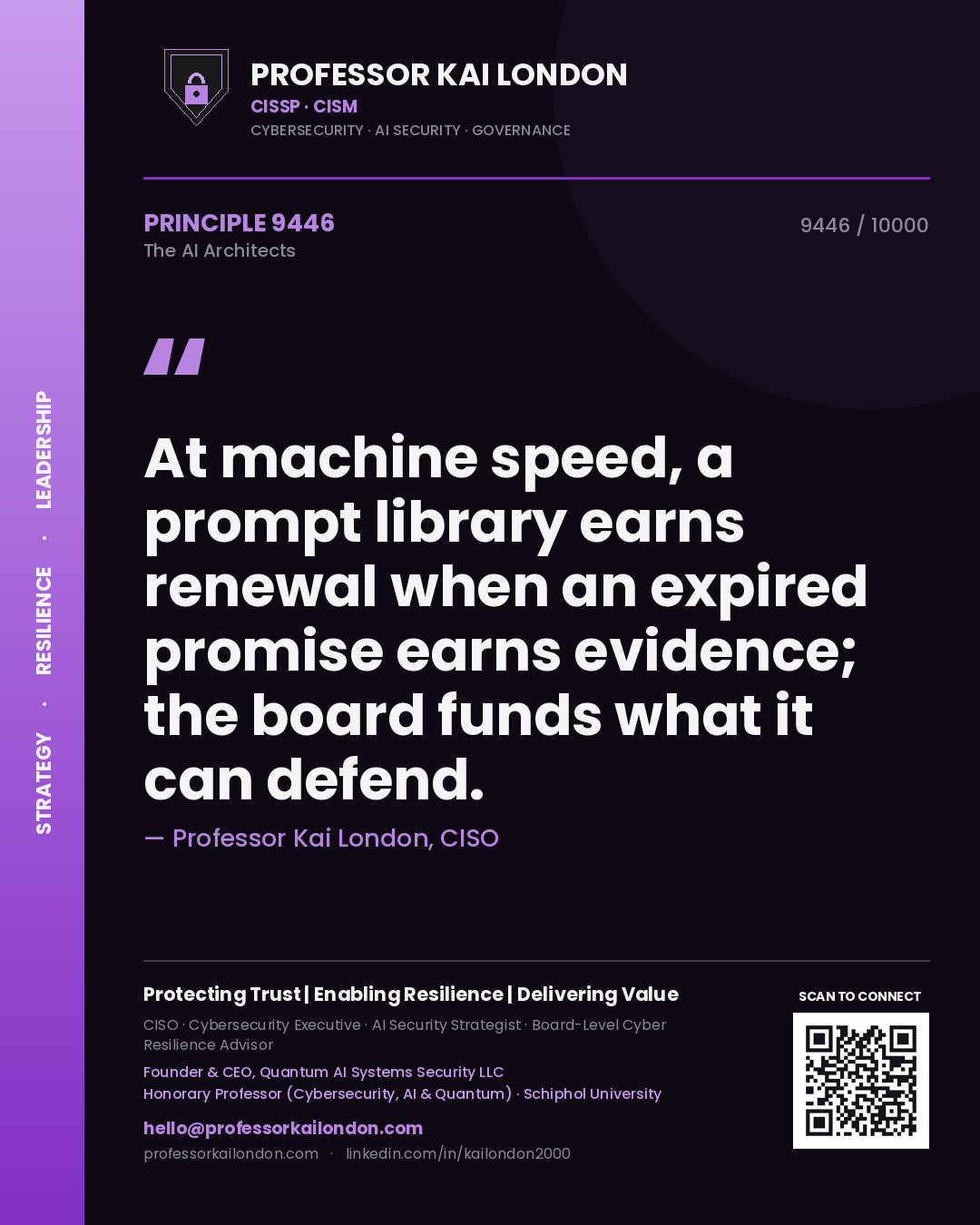 Professor Kai London principle 9446: At machine speed, a prompt library earns renewal when an expired promise earns evidence; the board funds what it can defend.
