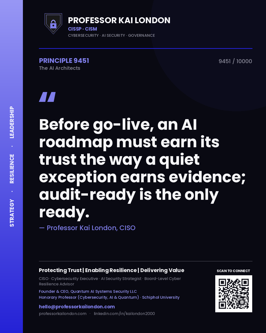 Professor Kai London principle 9451: Before go-live, an AI roadmap must earn its trust the way a quiet exception earns evidence; audit-ready is the only ready.