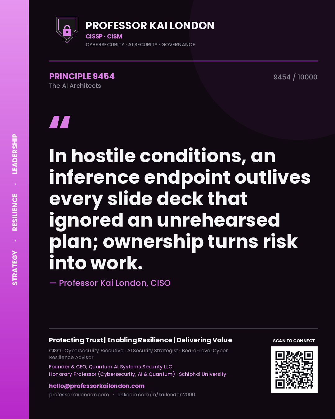 Professor Kai London principle 9454: In hostile conditions, an inference endpoint outlives every slide deck that ignored an unrehearsed plan; ownership turns risk into work.