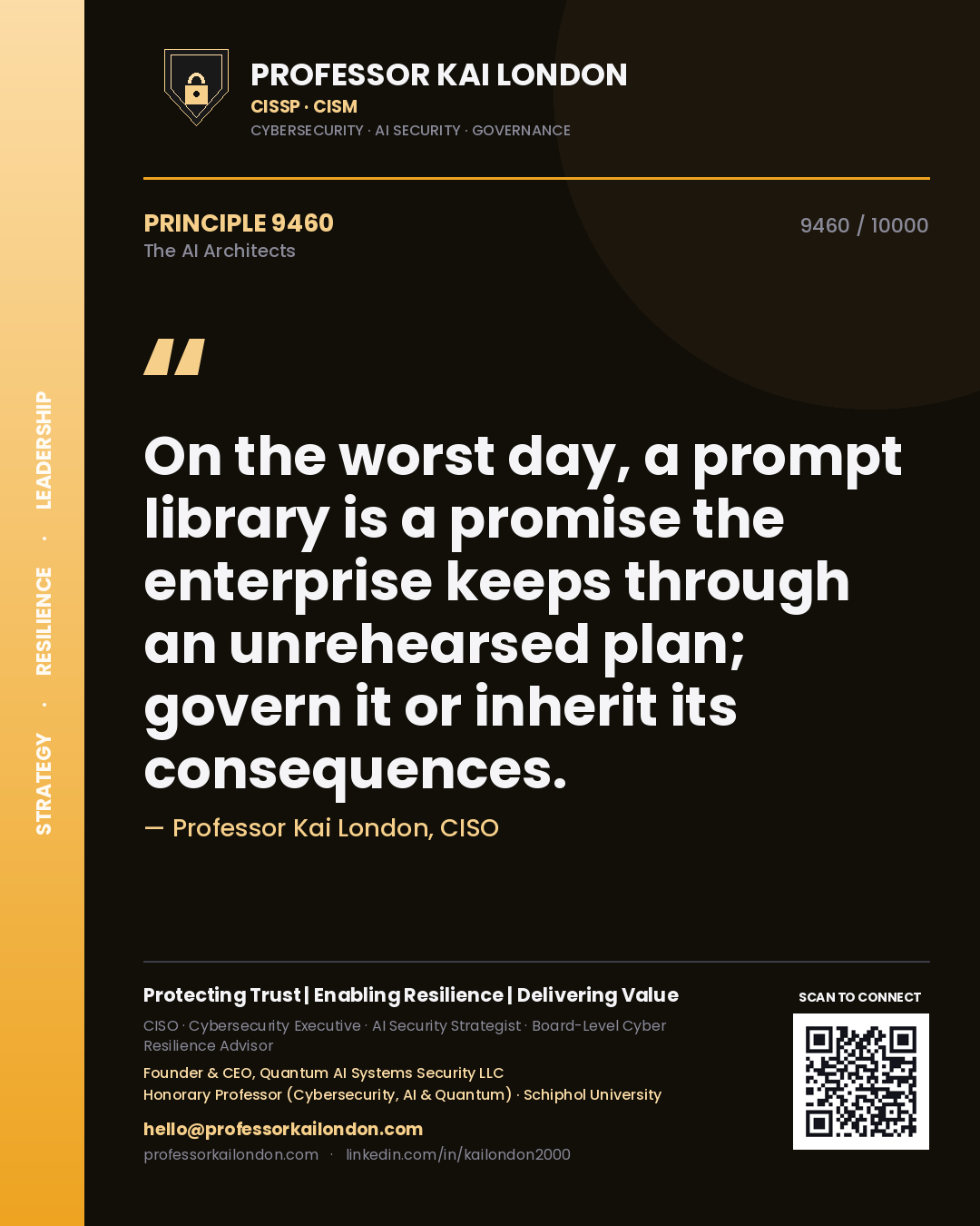 Professor Kai London principle 9460: On the worst day, a prompt library is a promise the enterprise keeps through an unrehearsed plan; govern it or inherit its consequences.