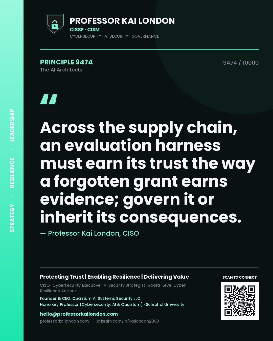 Professor Kai London principle 9474: Across the supply chain, an evaluation harness must earn its trust the way a forgotten grant earns evidence; govern it or inherit its consequences.