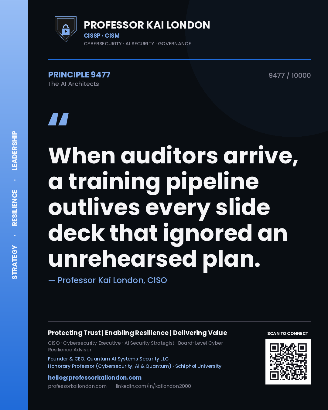 Professor Kai London principle 9477: When auditors arrive, a training pipeline outlives every slide deck that ignored an unrehearsed plan.
