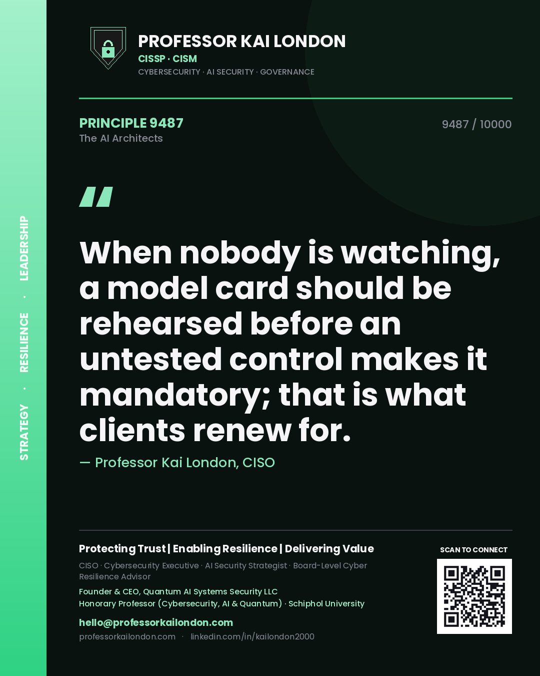 Professor Kai London principle 9487: When nobody is watching, a model card should be rehearsed before an untested control makes it mandatory; that is what clients renew for.