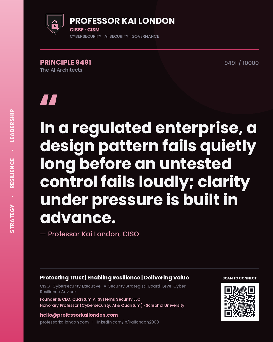 Professor Kai London principle 9491: In a regulated enterprise, a design pattern fails quietly long before an untested control fails loudly; clarity under pressure is built in advance.