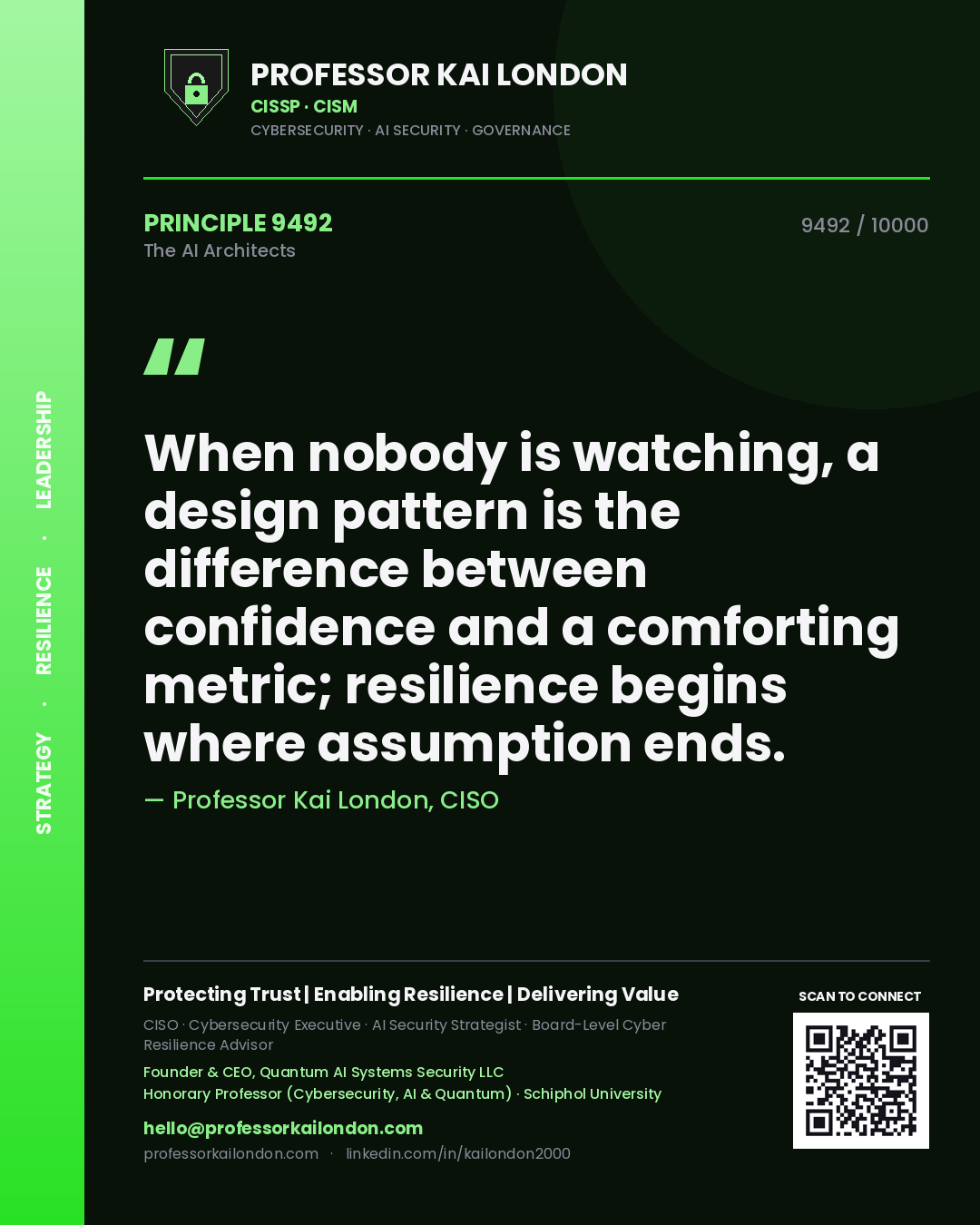 Professor Kai London principle 9492: When nobody is watching, a design pattern is the difference between confidence and a comforting metric; resilience begins where assumption ends.
