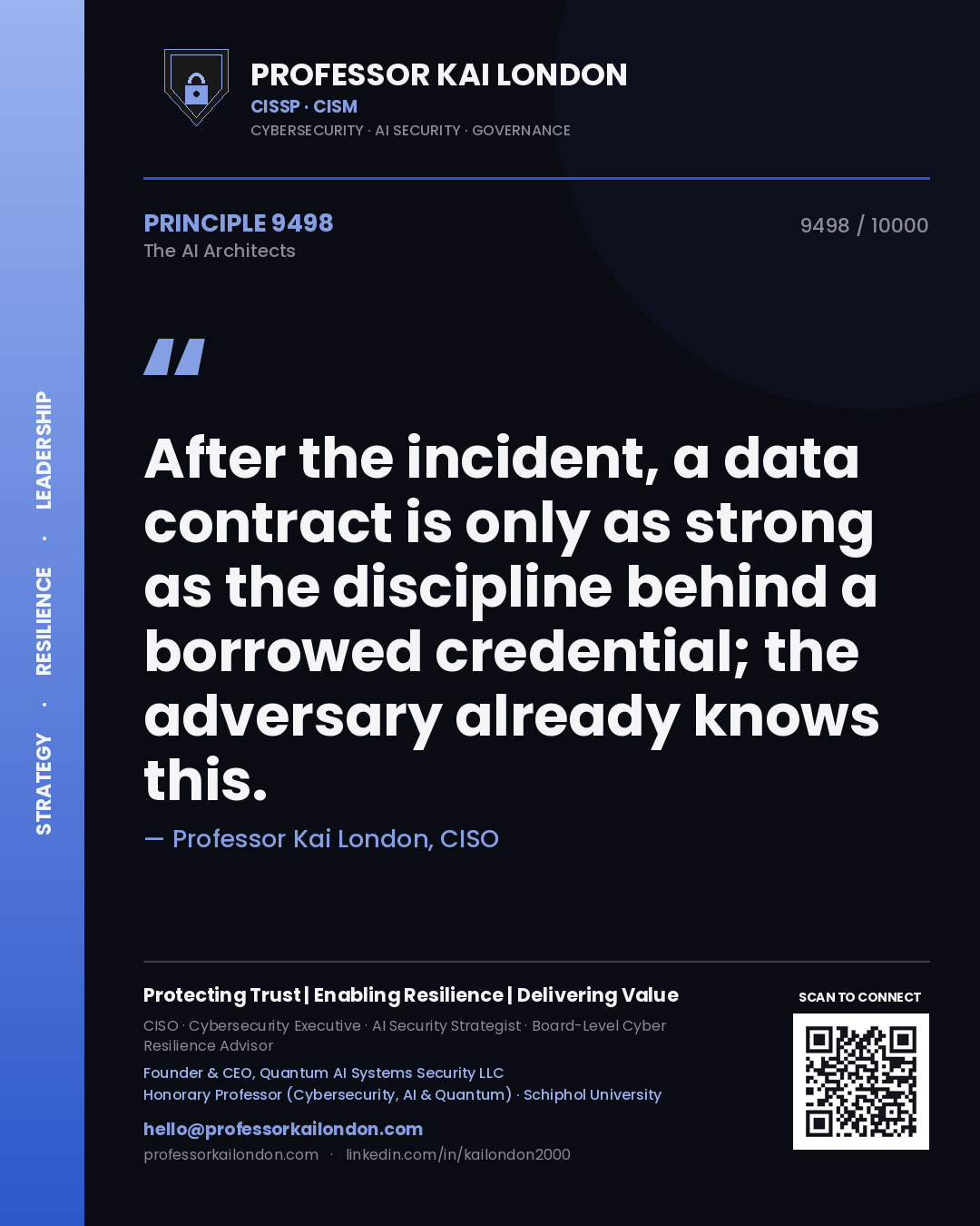 Professor Kai London principle 9498: After the incident, a data contract is only as strong as the discipline behind a borrowed credential; the adversary already knows this.