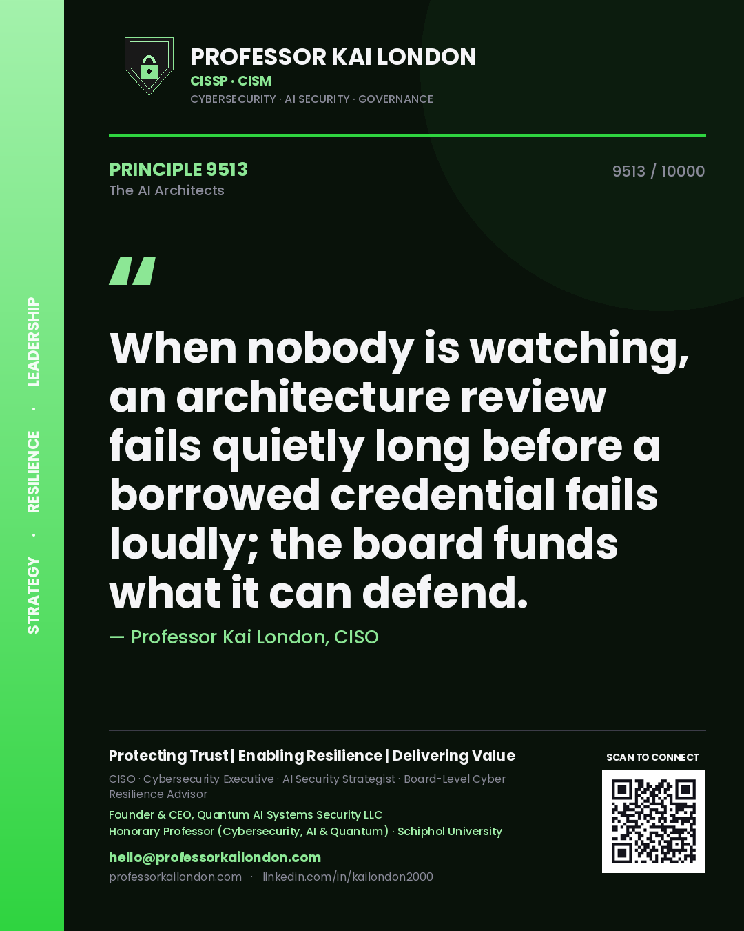Professor Kai London principle 9513: When nobody is watching, an architecture review fails quietly long before a borrowed credential fails loudly; the board funds what it can defend.