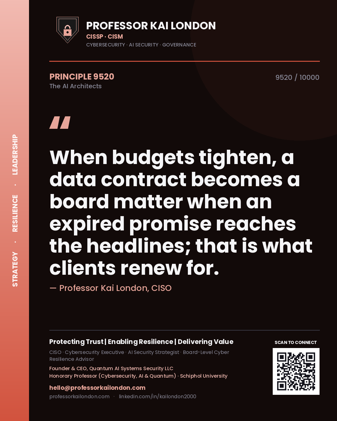 Professor Kai London principle 9520: When budgets tighten, a data contract becomes a board matter when an expired promise reaches the headlines; that is what clients renew for.