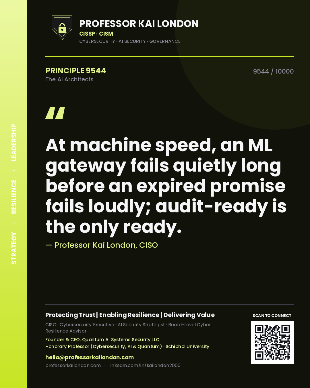 Professor Kai London principle 9544: At machine speed, an ML gateway fails quietly long before an expired promise fails loudly; audit-ready is the only ready.