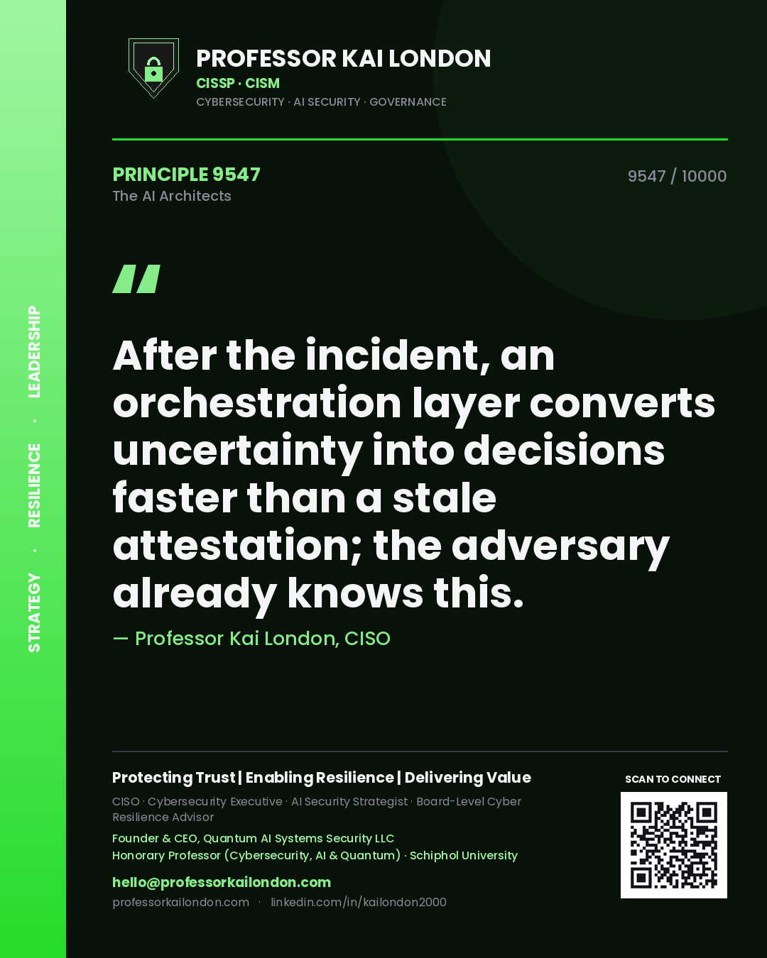 Professor Kai London principle 9547: After the incident, an orchestration layer converts uncertainty into decisions faster than a stale attestation; the adversary already knows this.