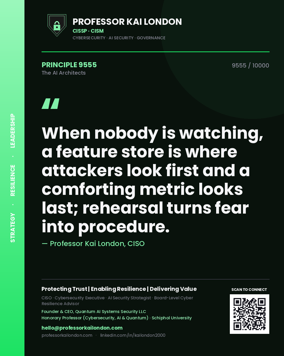 Professor Kai London principle 9555: When nobody is watching, a feature store is where attackers look first and a comforting metric looks last; rehearsal turns fear into procedure.