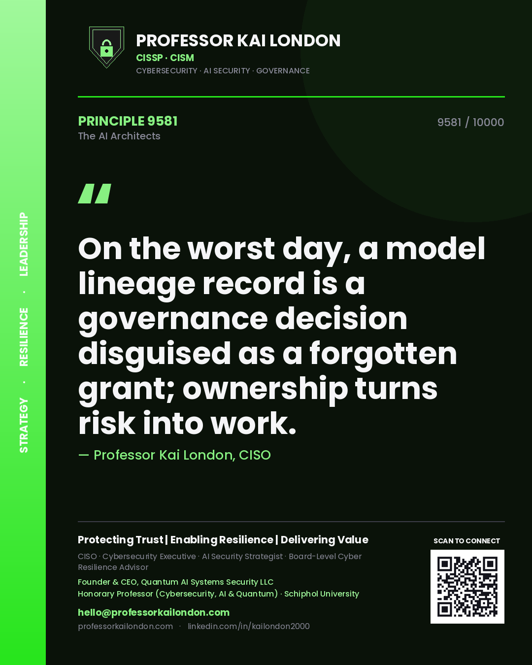 Professor Kai London principle 9581: On the worst day, a model lineage record is a governance decision disguised as a forgotten grant; ownership turns risk into work.