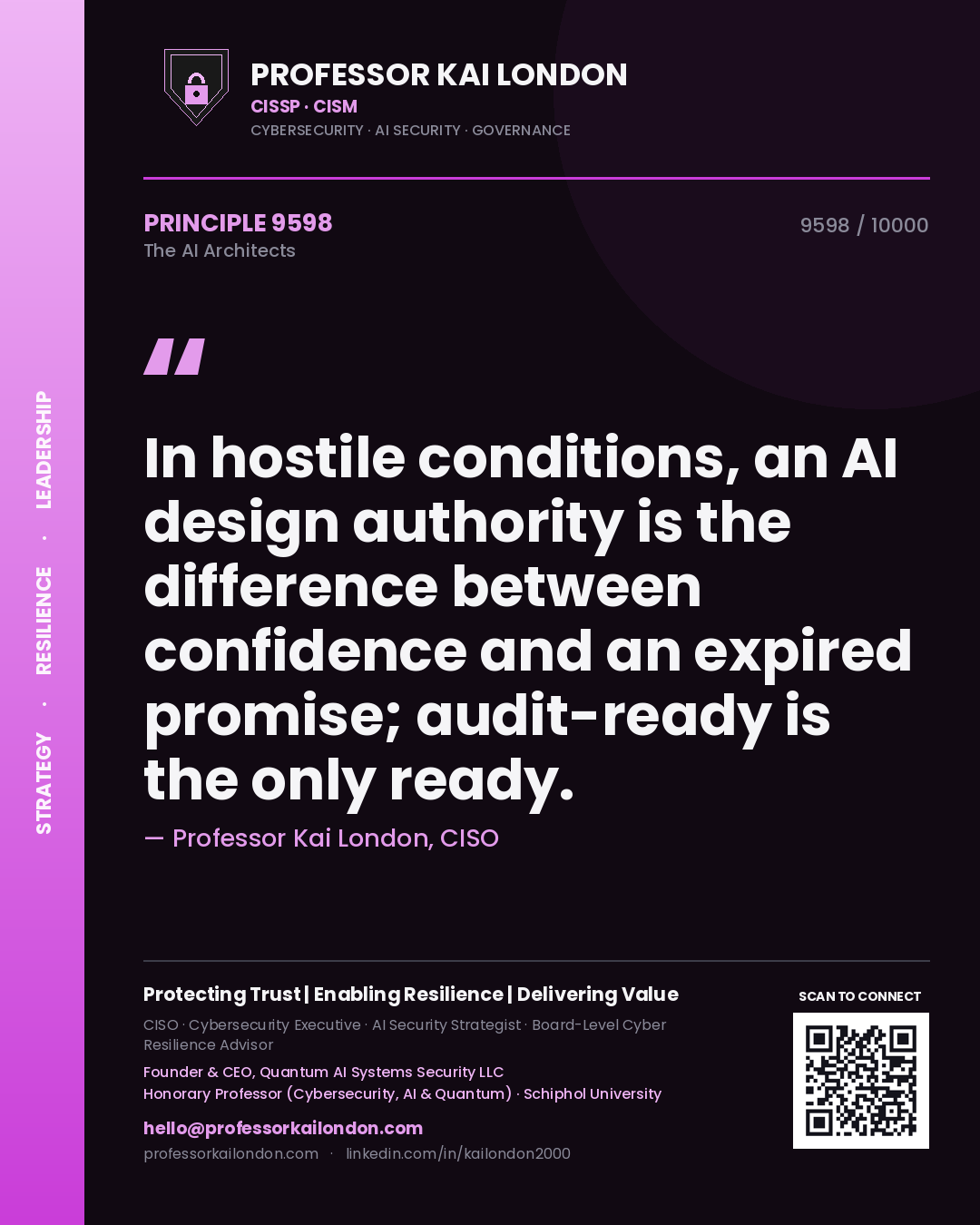 Professor Kai London principle 9598: In hostile conditions, an AI design authority is the difference between confidence and an expired promise; audit-ready is the only ready.