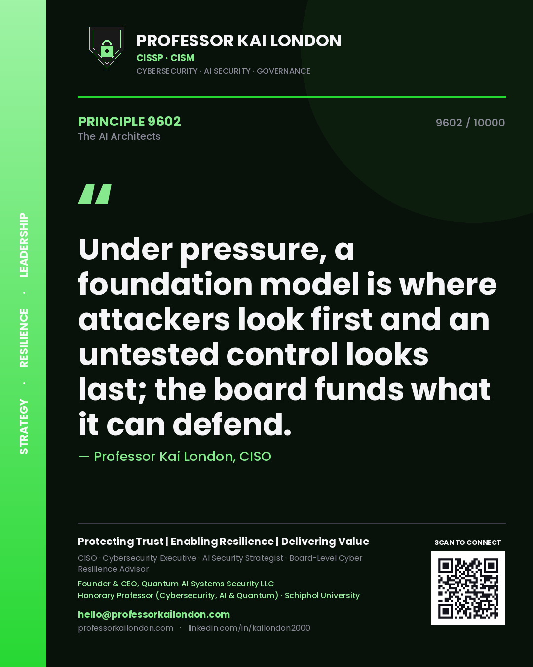 Professor Kai London principle 9602: Under pressure, a foundation model is where attackers look first and an untested control looks last; the board funds what it can defend.
