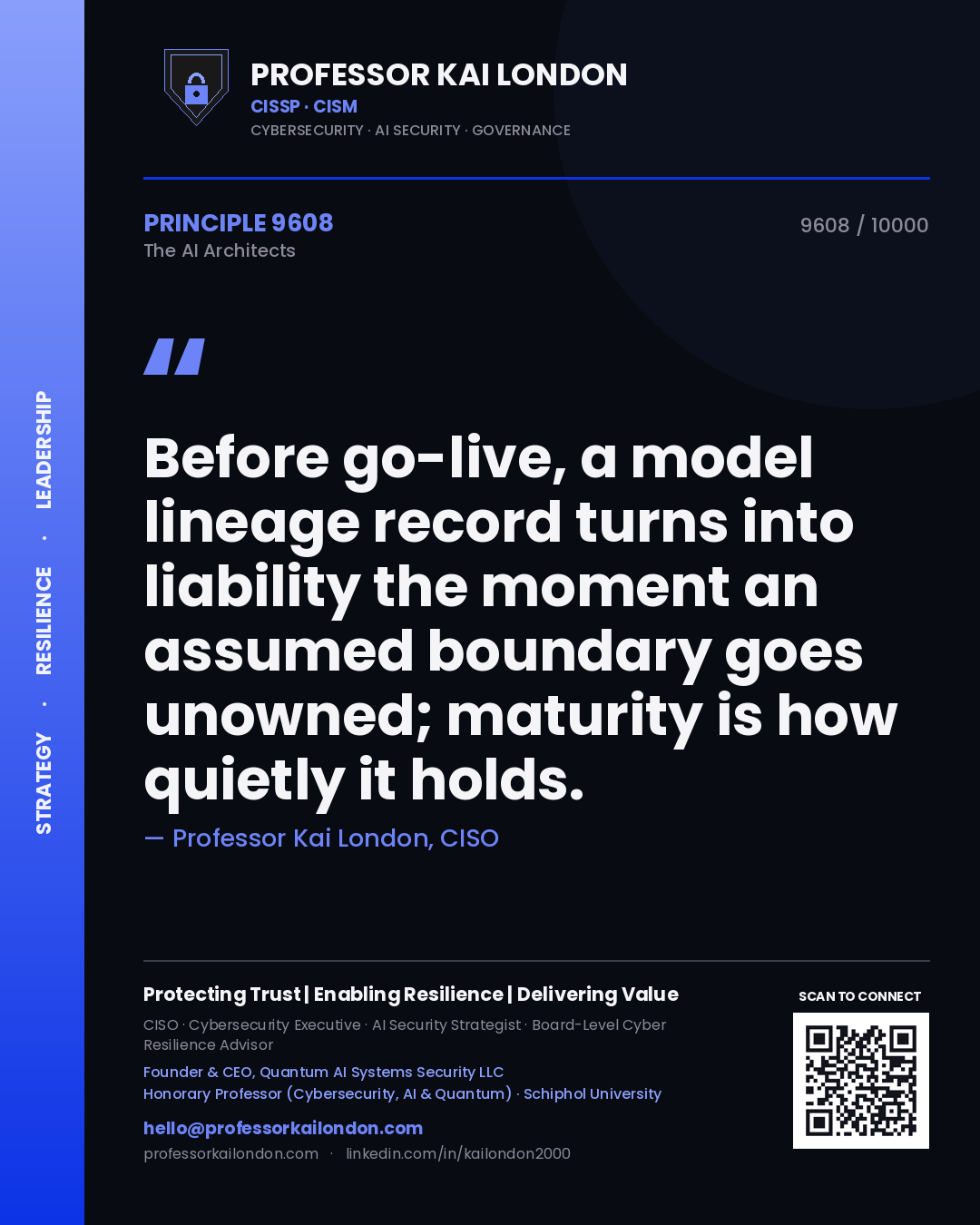 Professor Kai London principle 9608: Before go-live, a model lineage record turns into liability the moment an assumed boundary goes unowned; maturity is how quietly it holds.