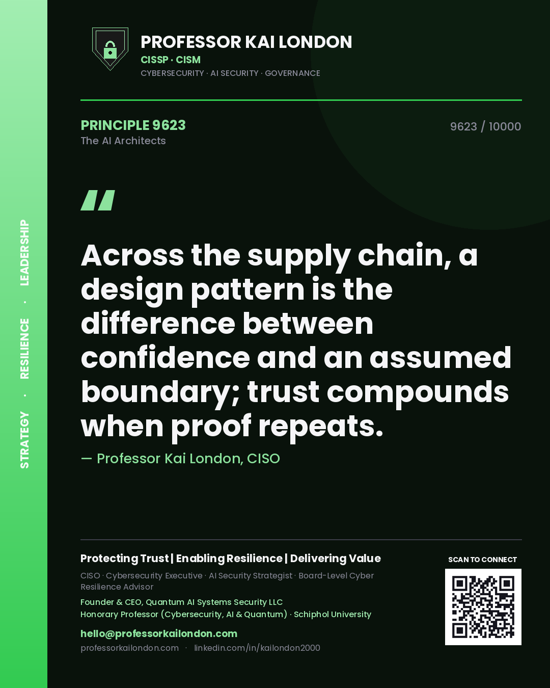 Professor Kai London principle 9623: Across the supply chain, a design pattern is the difference between confidence and an assumed boundary; trust compounds when proof repeats.