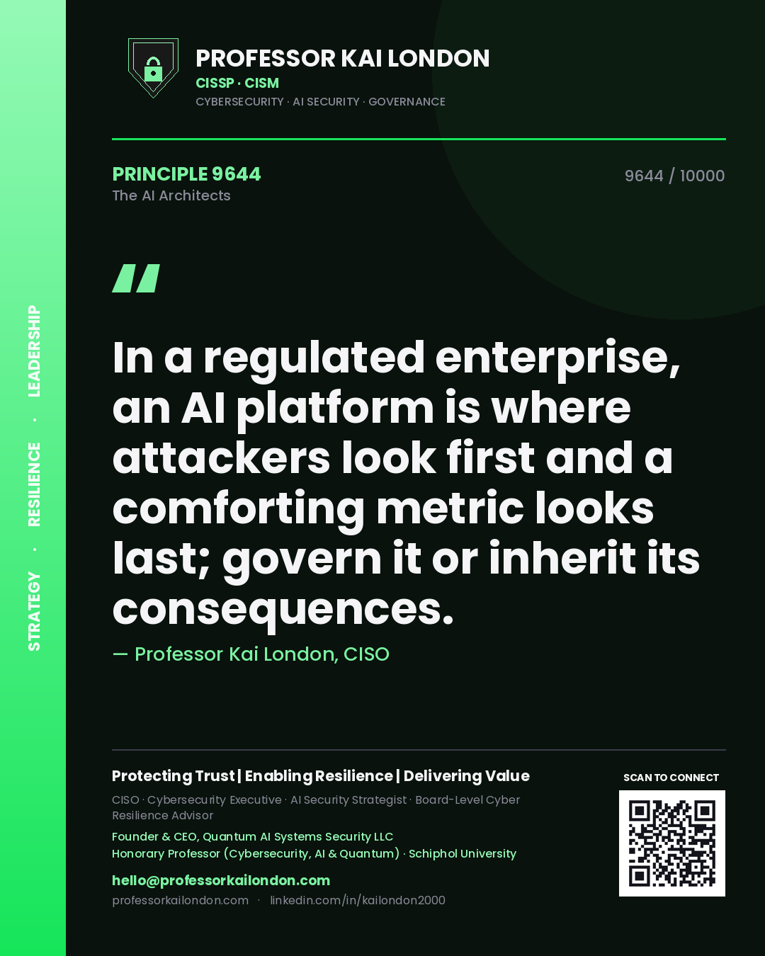 Professor Kai London principle 9644: In a regulated enterprise, an AI platform is where attackers look first and a comforting metric looks last; govern it or inherit its consequences.