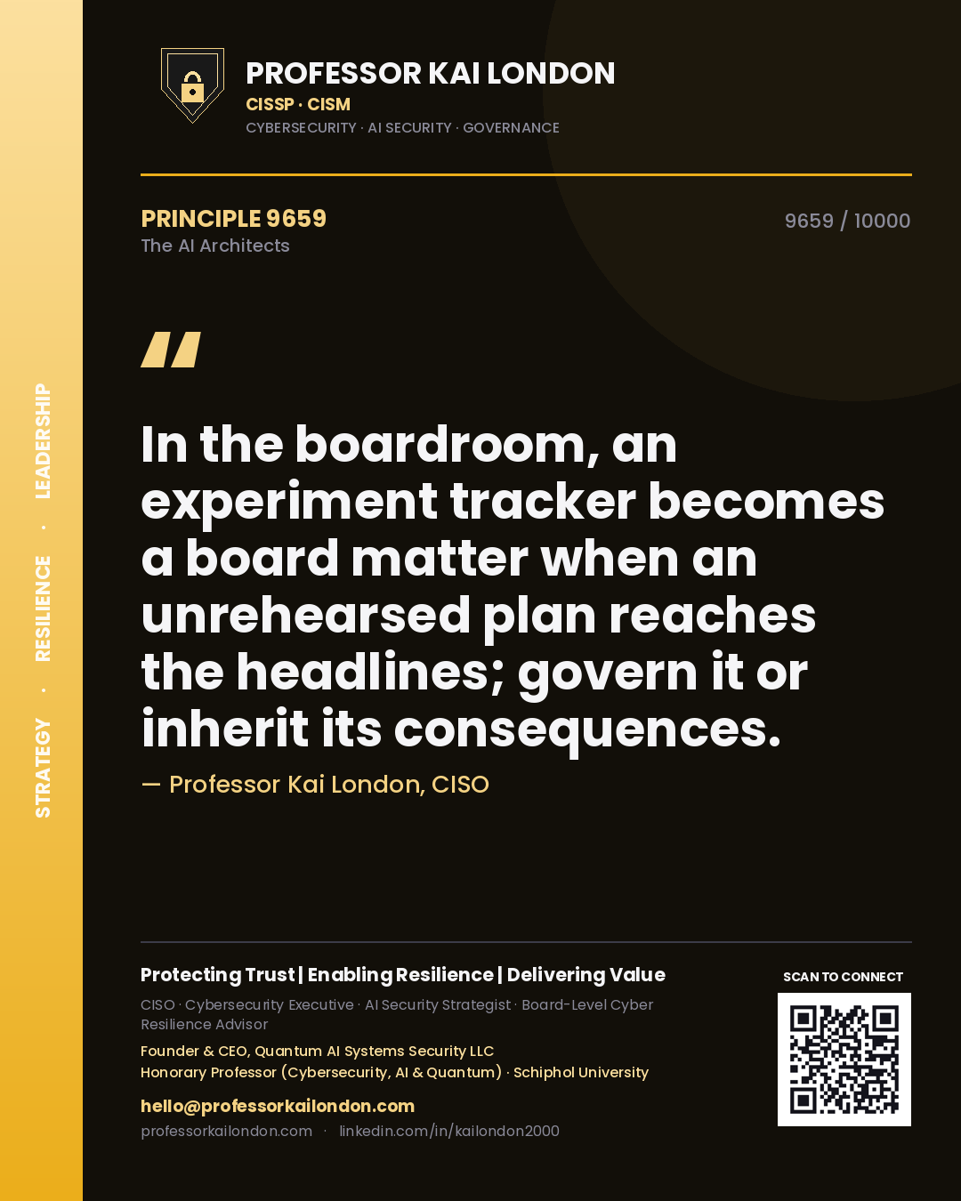 Professor Kai London principle 9659: In the boardroom, an experiment tracker becomes a board matter when an unrehearsed plan reaches the headlines; govern it or inherit its consequences.