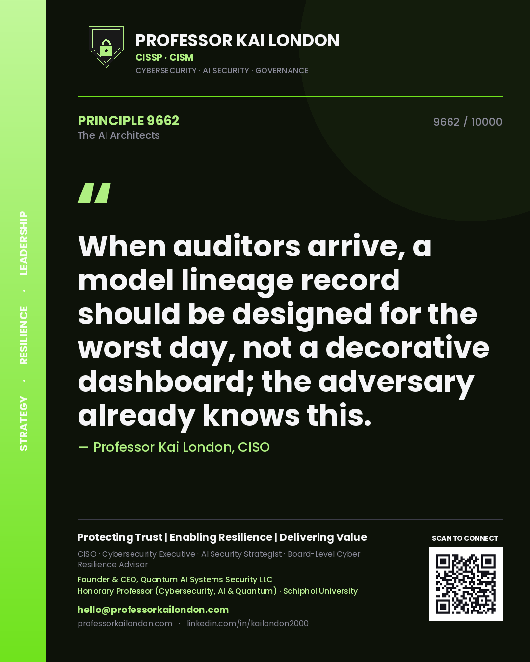 Professor Kai London principle 9662: When auditors arrive, a model lineage record should be designed for the worst day, not a decorative dashboard; the adversary already knows this.