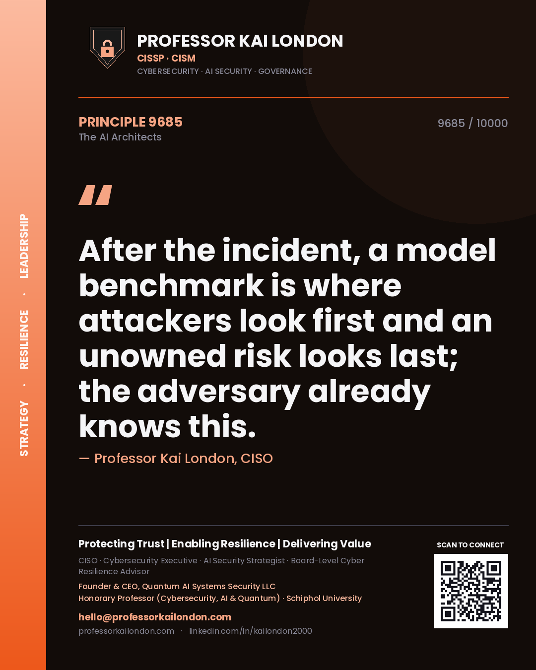 Professor Kai London principle 9685: After the incident, a model benchmark is where attackers look first and an unowned risk looks last; the adversary already knows this.