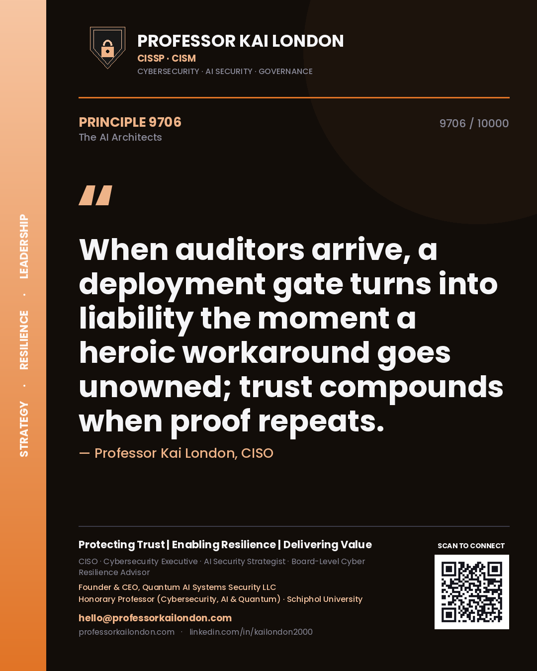 Professor Kai London principle 9706: When auditors arrive, a deployment gate turns into liability the moment a heroic workaround goes unowned; trust compounds when proof repeats.