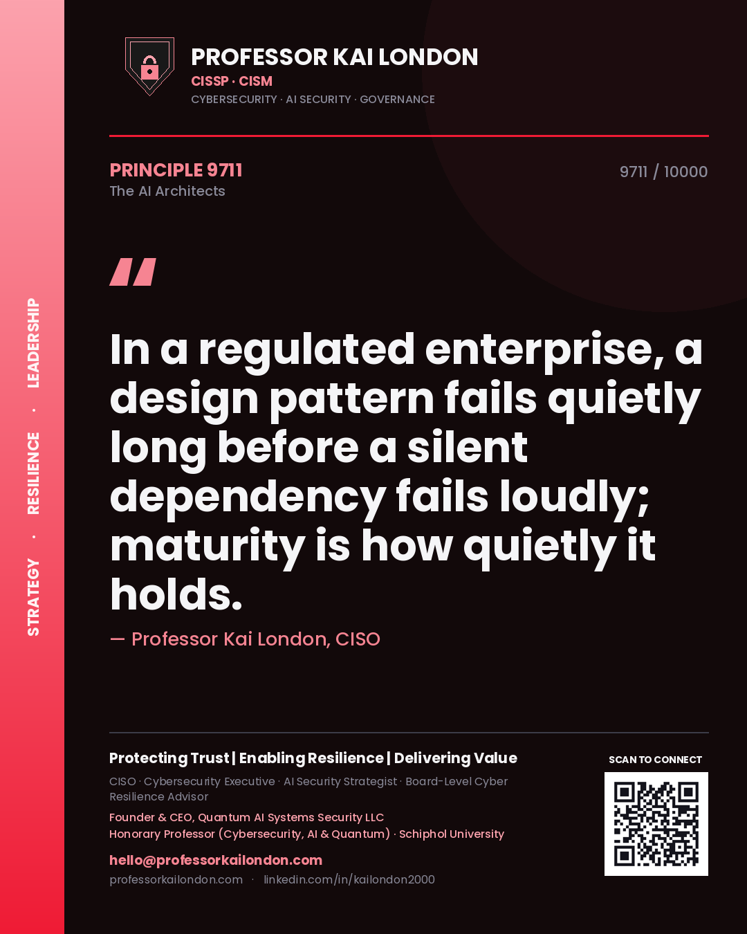 Professor Kai London principle 9711: In a regulated enterprise, a design pattern fails quietly long before a silent dependency fails loudly; maturity is how quietly it holds.