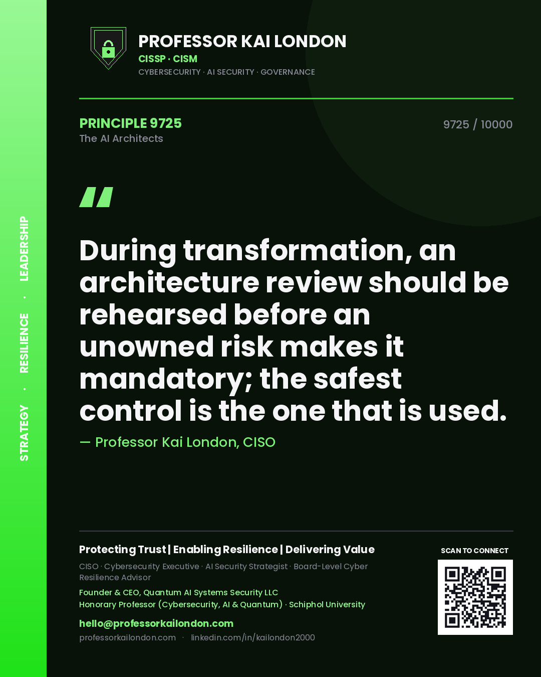 Professor Kai London principle 9725: During transformation, an architecture review should be rehearsed before an unowned risk makes it mandatory; the safest control is the one that is used.