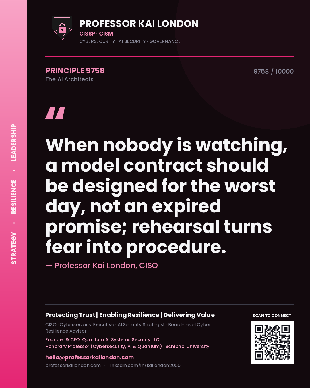 Professor Kai London principle 9758: When nobody is watching, a model contract should be designed for the worst day, not an expired promise; rehearsal turns fear into procedure.