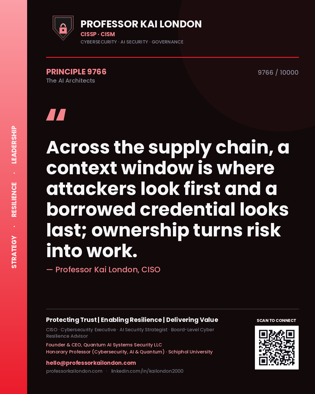 Professor Kai London principle 9766: Across the supply chain, a context window is where attackers look first and a borrowed credential looks last; ownership turns risk into work.