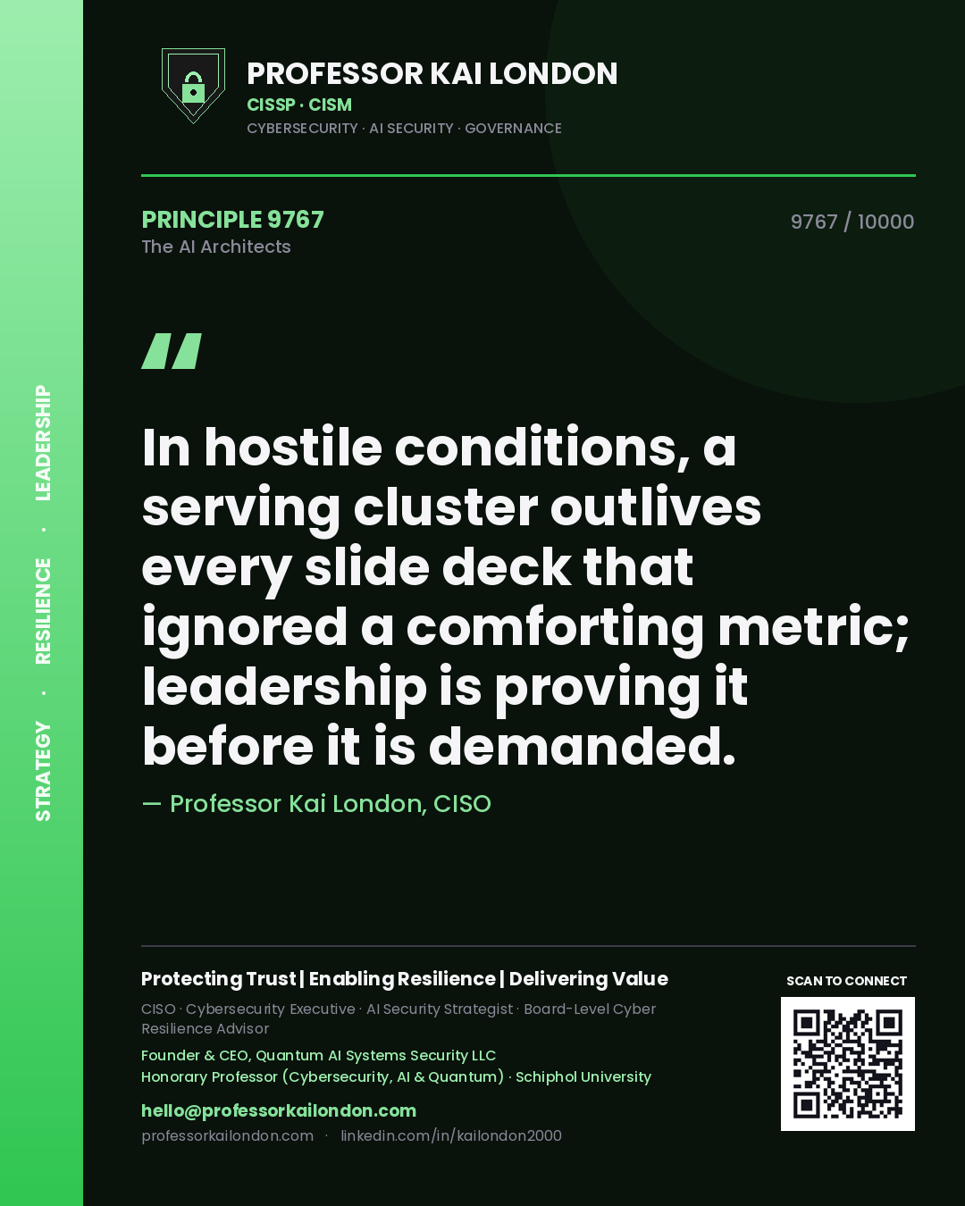 Professor Kai London principle 9767: In hostile conditions, a serving cluster outlives every slide deck that ignored a comforting metric; leadership is proving it before it is demanded.