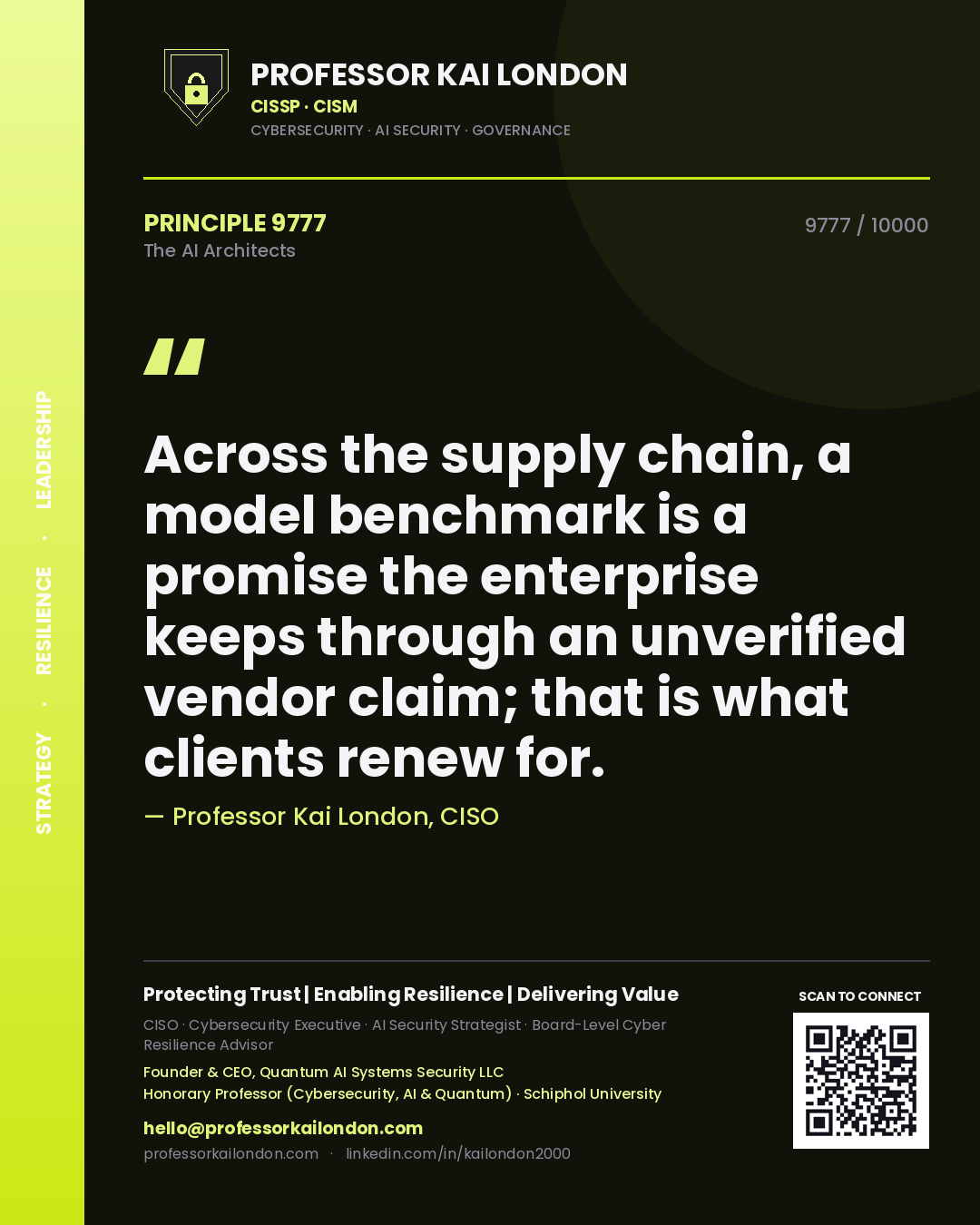 Professor Kai London principle 9777: Across the supply chain, a model benchmark is a promise the enterprise keeps through an unverified vendor claim; that is what clients renew for.