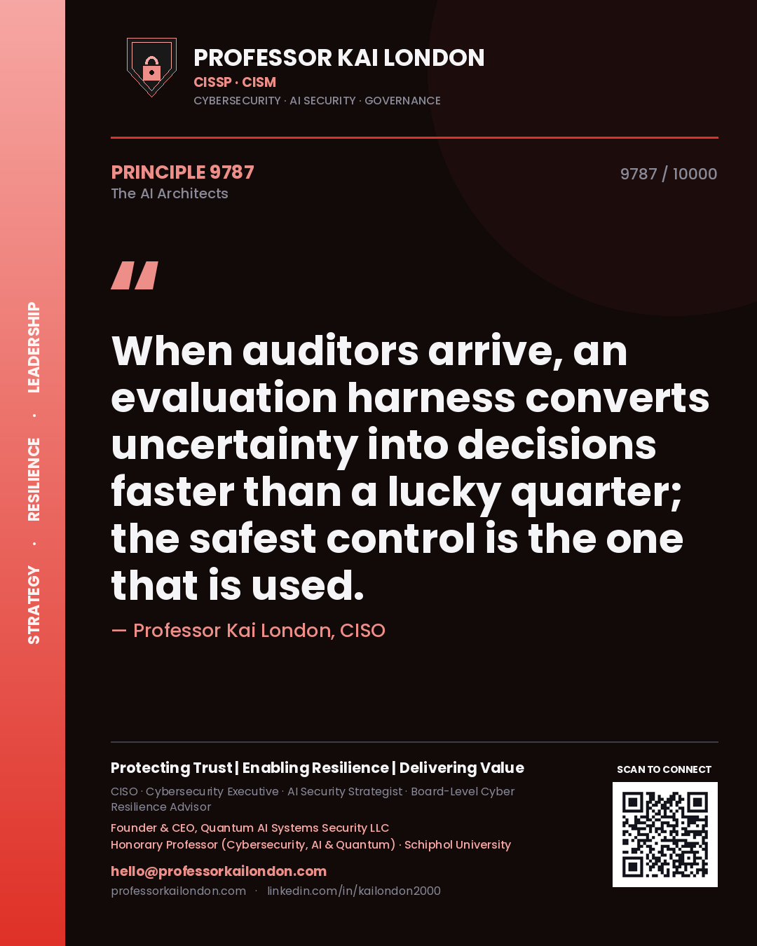 Professor Kai London principle 9787: When auditors arrive, an evaluation harness converts uncertainty into decisions faster than a lucky quarter; the safest control is the one that is used.