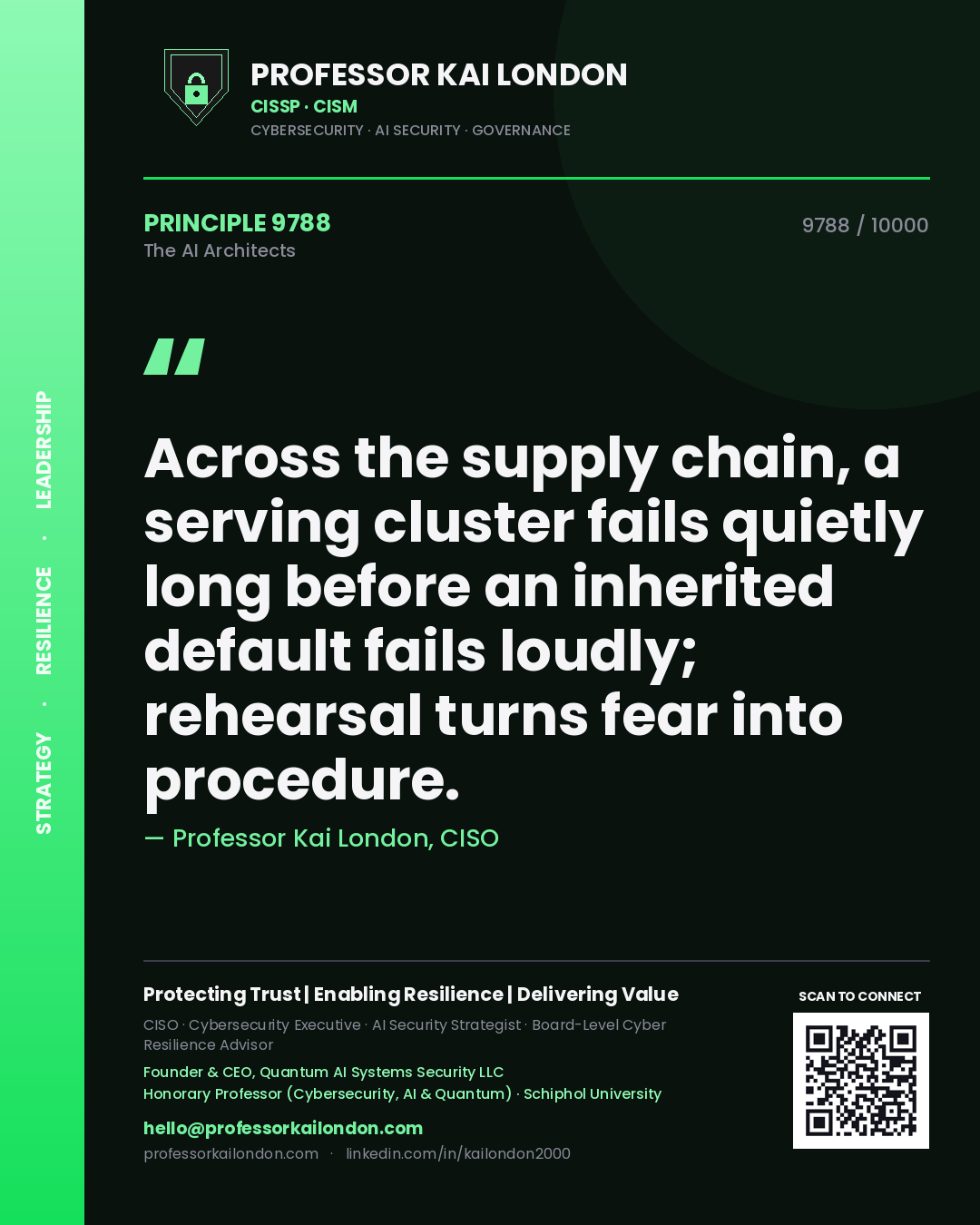 Professor Kai London principle 9788: Across the supply chain, a serving cluster fails quietly long before an inherited default fails loudly; rehearsal turns fear into procedure.