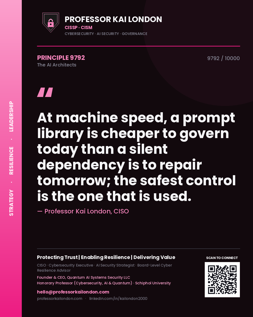 Professor Kai London principle 9792: At machine speed, a prompt library is cheaper to govern today than a silent dependency is to repair tomorrow; the safest control is the one that is used.