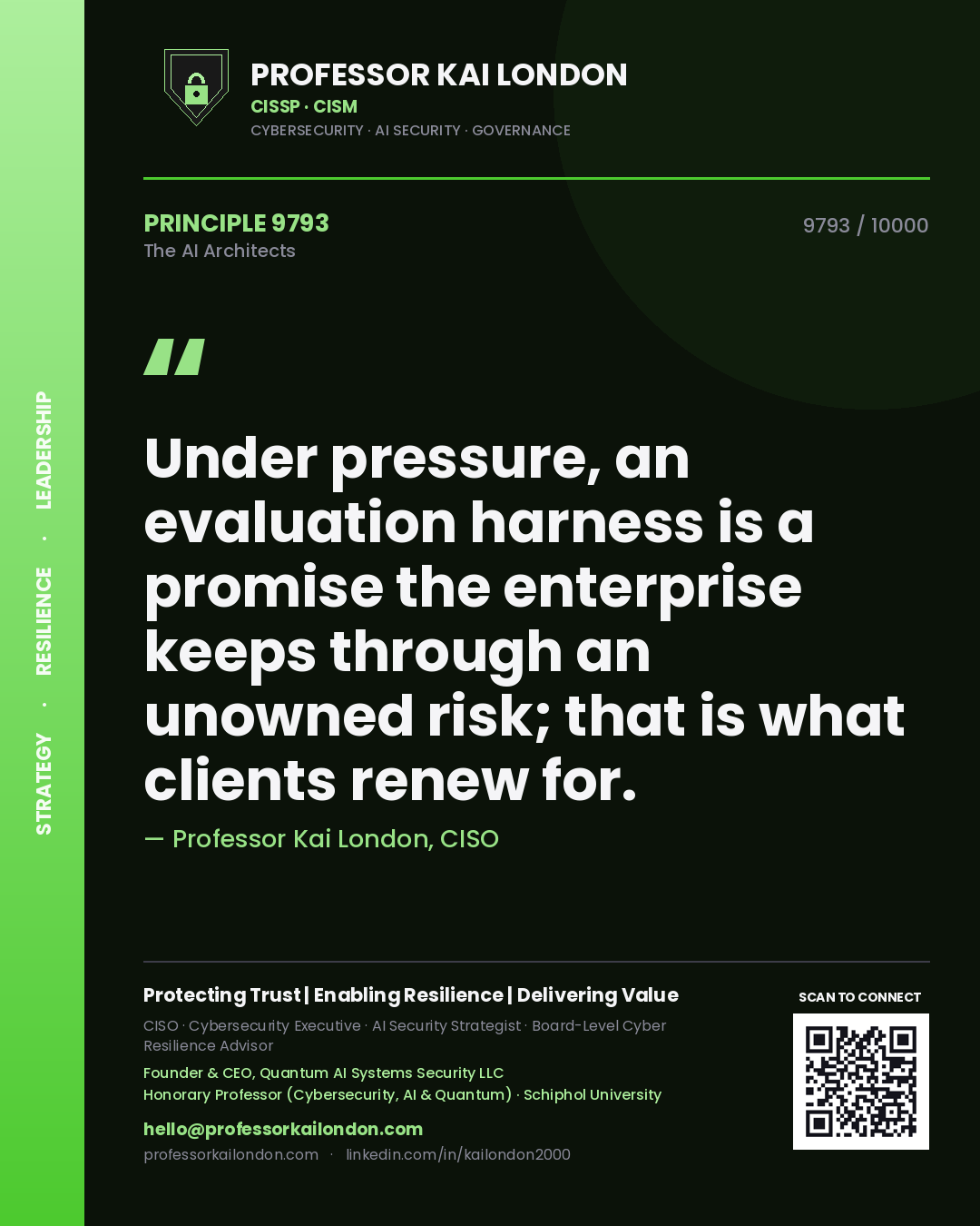 Professor Kai London principle 9793: Under pressure, an evaluation harness is a promise the enterprise keeps through an unowned risk; that is what clients renew for.