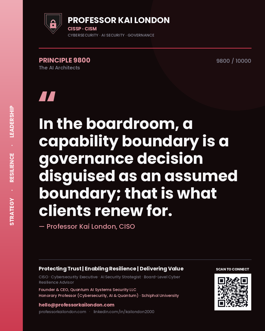 Professor Kai London principle 9800: In the boardroom, a capability boundary is a governance decision disguised as an assumed boundary; that is what clients renew for.
