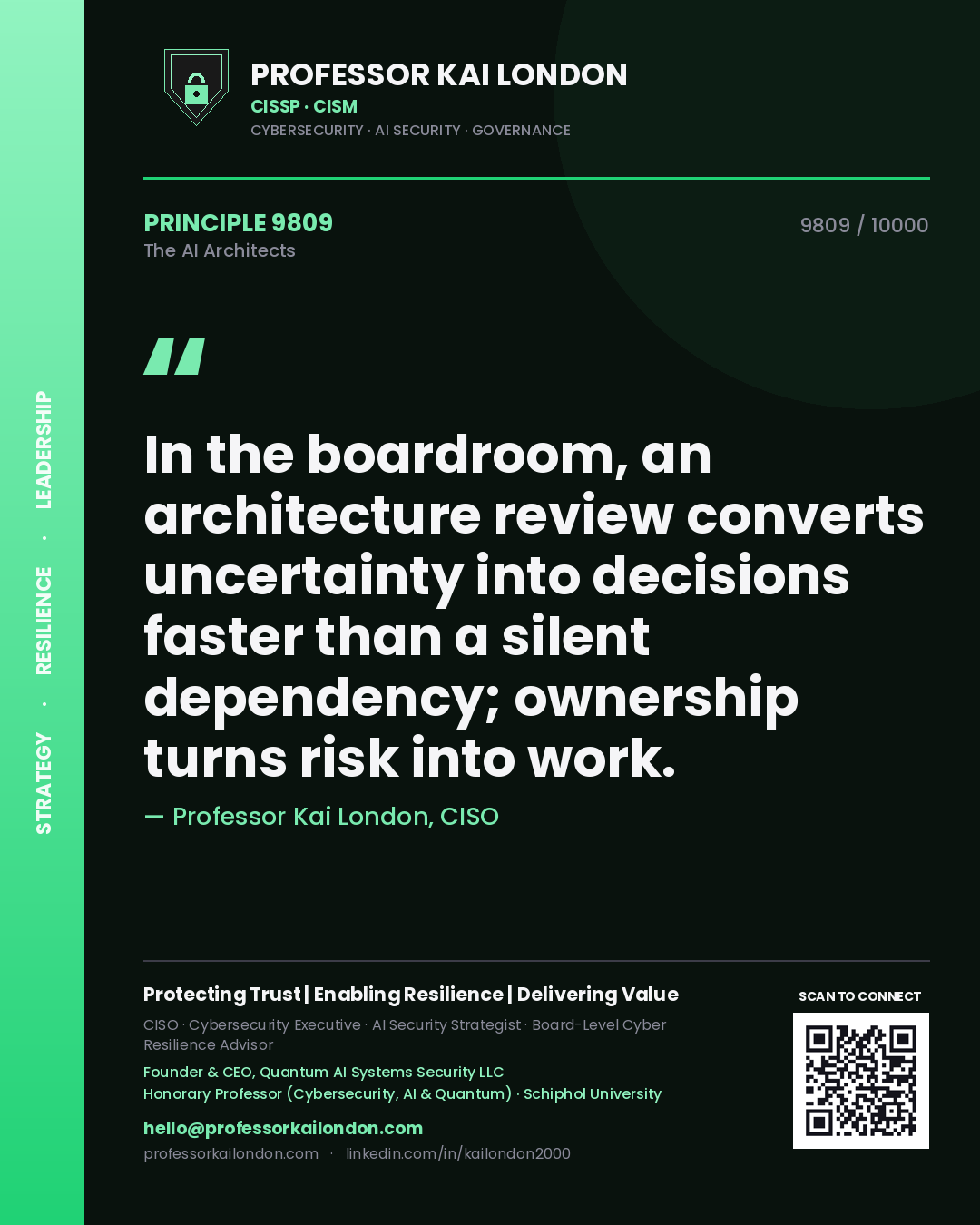 Professor Kai London principle 9809: In the boardroom, an architecture review converts uncertainty into decisions faster than a silent dependency; ownership turns risk into work.