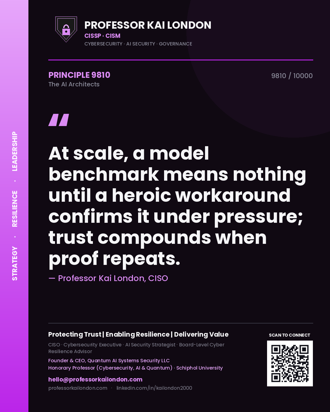 Professor Kai London principle 9810: At scale, a model benchmark means nothing until a heroic workaround confirms it under pressure; trust compounds when proof repeats.
