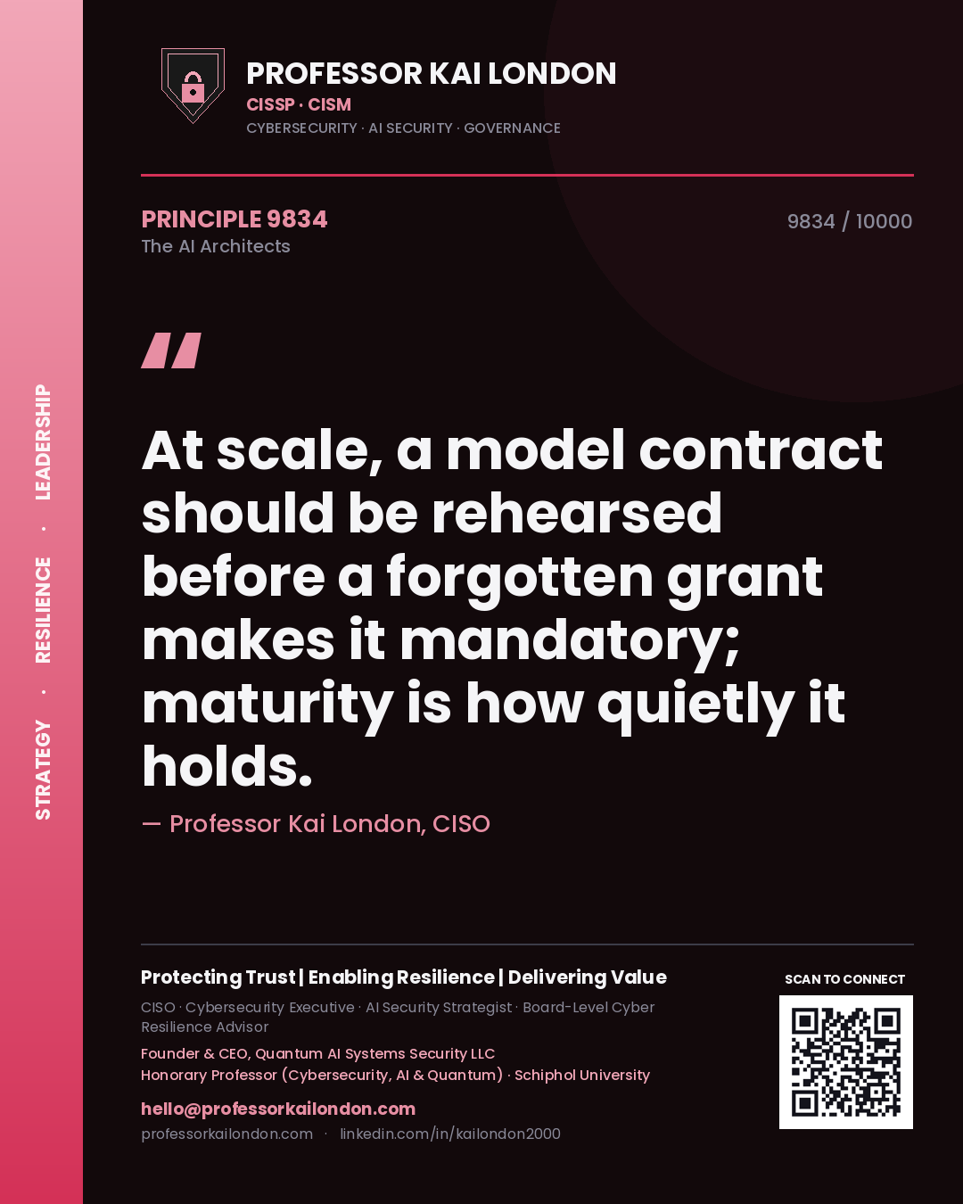 Professor Kai London principle 9834: At scale, a model contract should be rehearsed before a forgotten grant makes it mandatory; maturity is how quietly it holds.