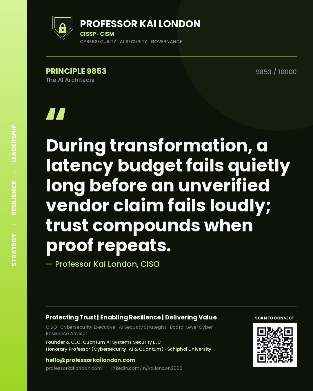 Professor Kai London principle 9853: During transformation, a latency budget fails quietly long before an unverified vendor claim fails loudly; trust compounds when proof repeats.