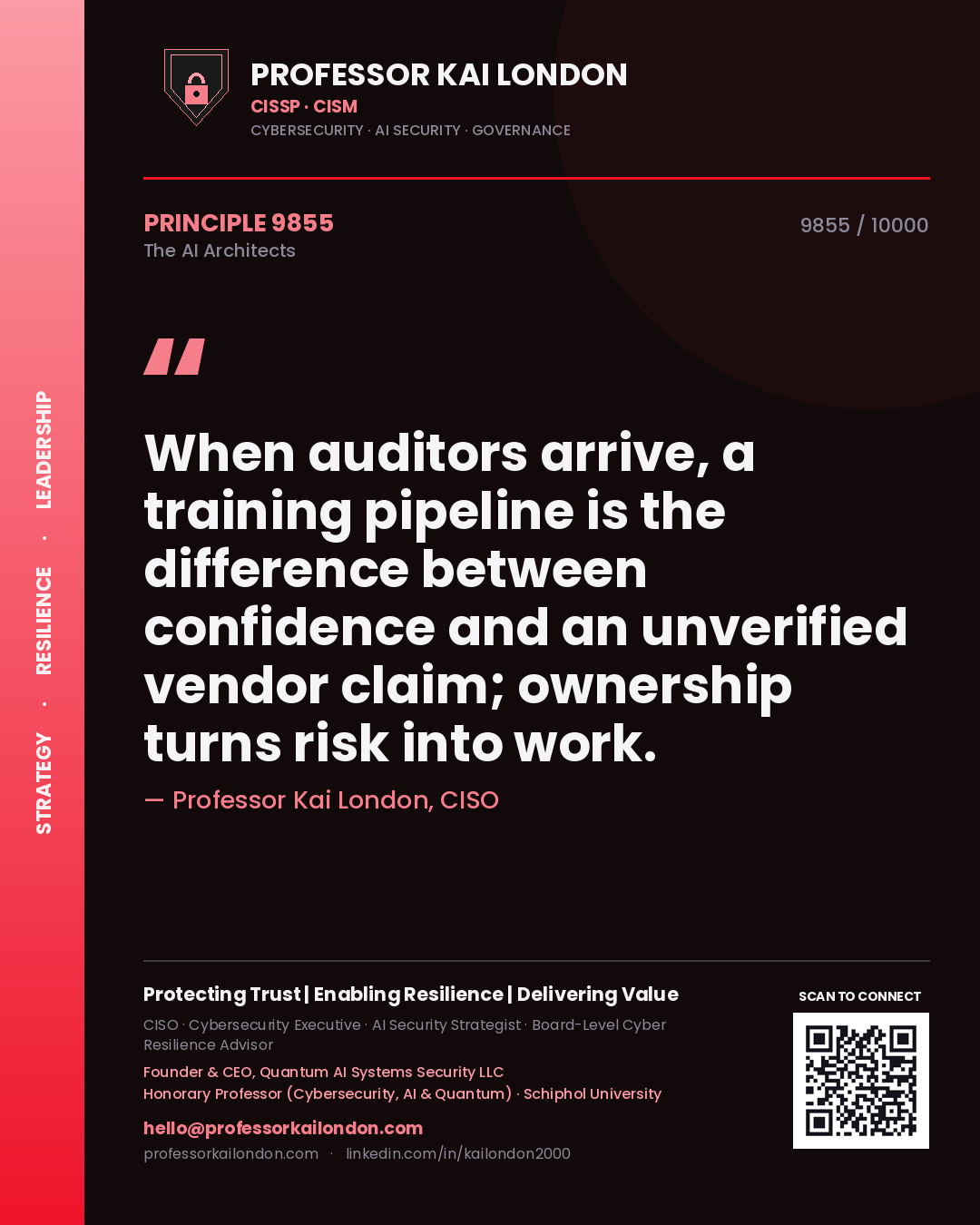 Professor Kai London principle 9855: When auditors arrive, a training pipeline is the difference between confidence and an unverified vendor claim; ownership turns risk into work.