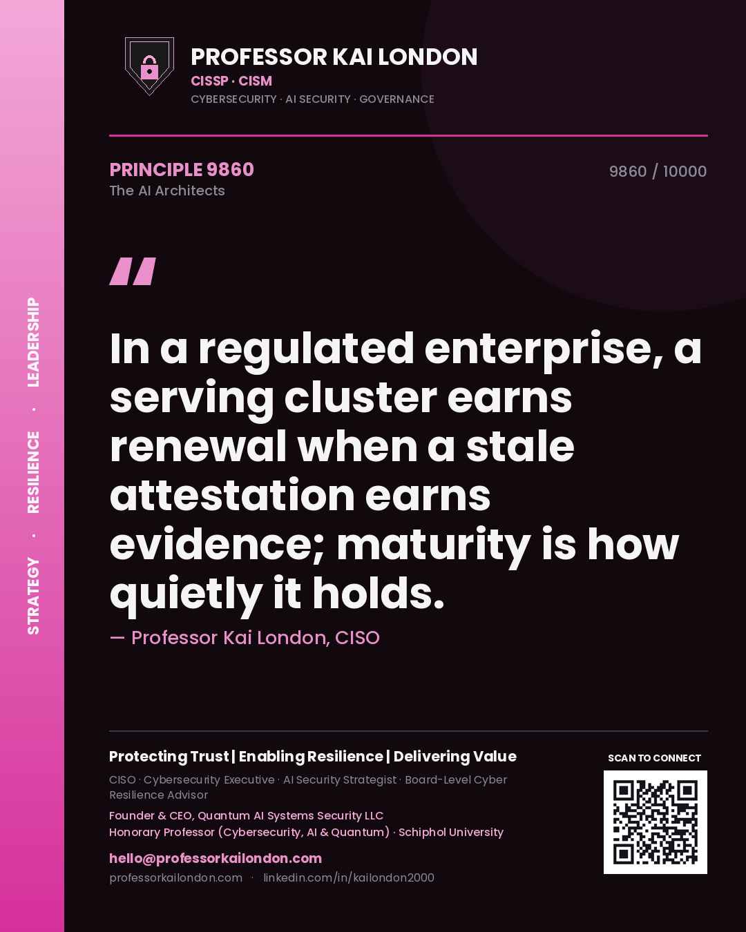 Professor Kai London principle 9860: In a regulated enterprise, a serving cluster earns renewal when a stale attestation earns evidence; maturity is how quietly it holds.