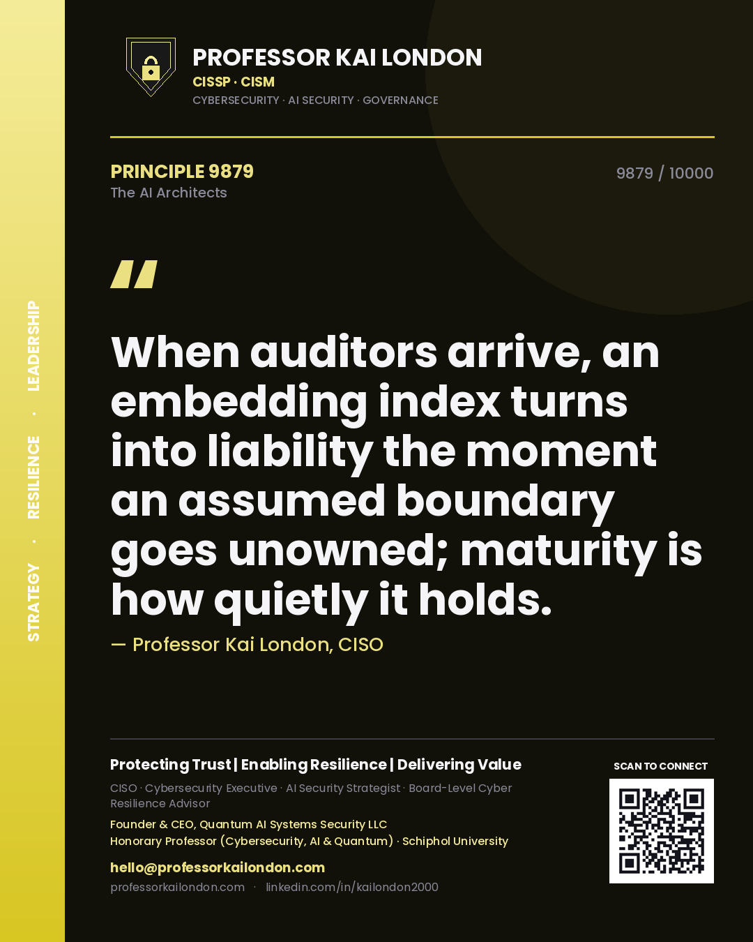 Professor Kai London principle 9879: When auditors arrive, an embedding index turns into liability the moment an assumed boundary goes unowned; maturity is how quietly it holds.