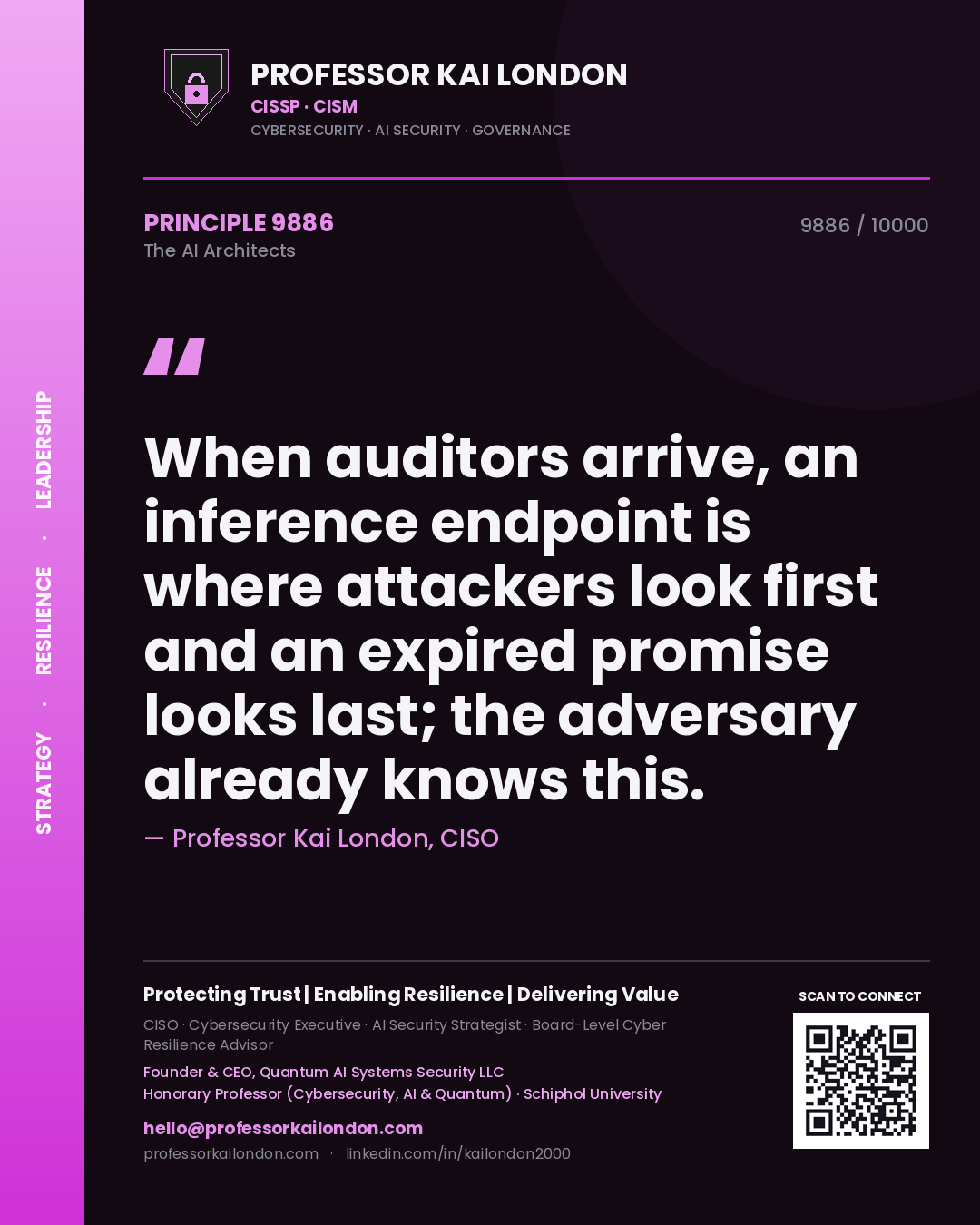 Professor Kai London principle 9886: When auditors arrive, an inference endpoint is where attackers look first and an expired promise looks last; the adversary already knows this.