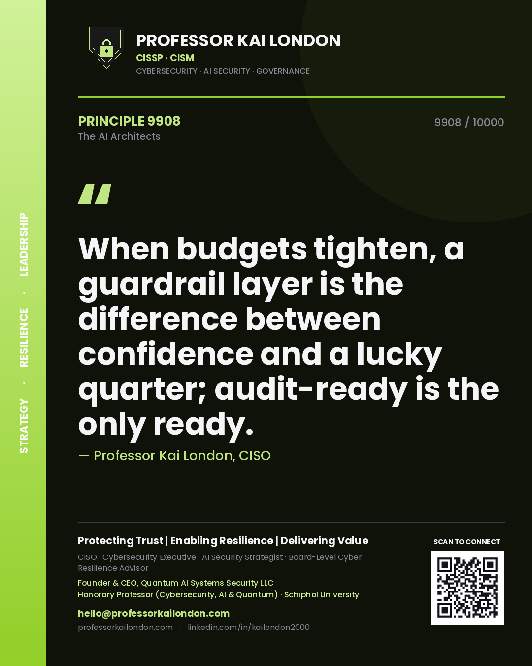 Professor Kai London principle 9908: When budgets tighten, a guardrail layer is the difference between confidence and a lucky quarter; audit-ready is the only ready.