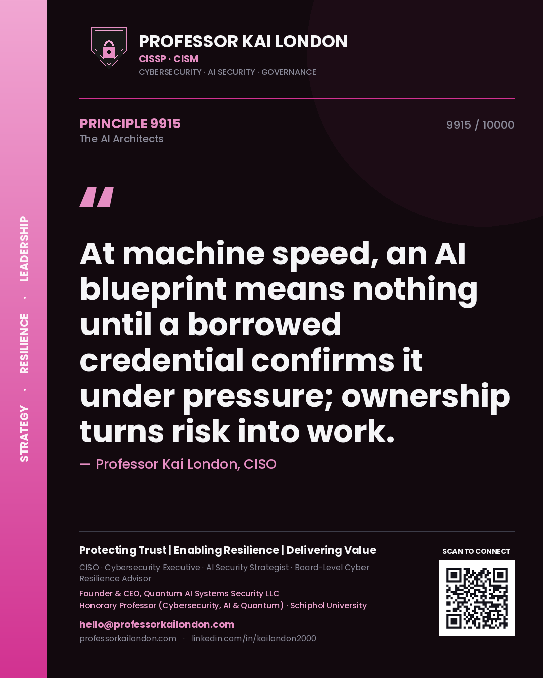 Professor Kai London principle 9915: At machine speed, an AI blueprint means nothing until a borrowed credential confirms it under pressure; ownership turns risk into work.