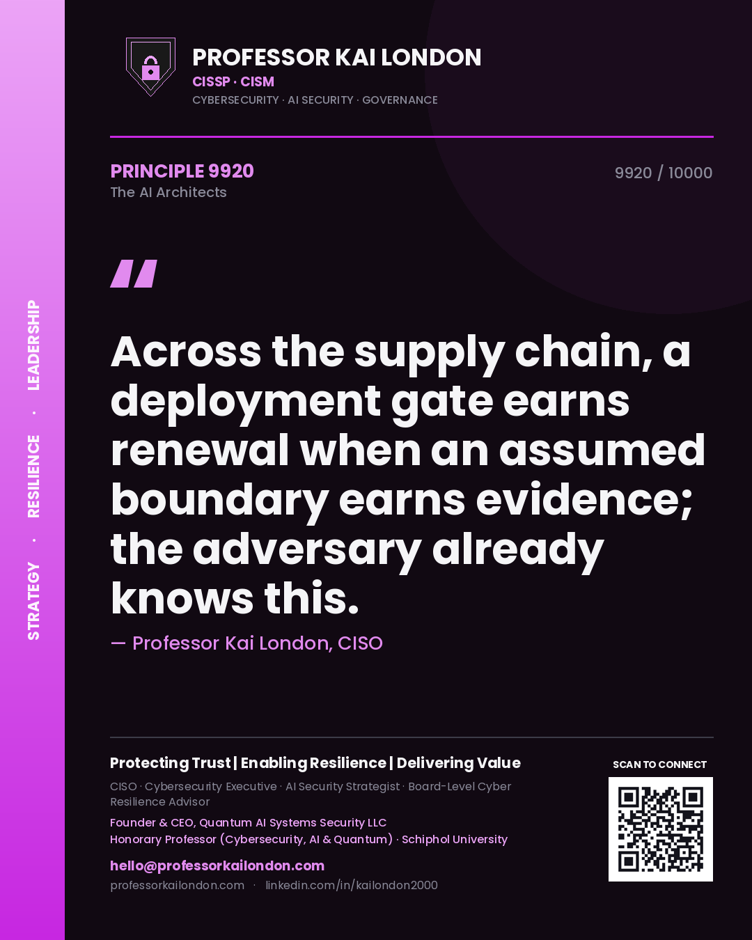 Professor Kai London principle 9920: Across the supply chain, a deployment gate earns renewal when an assumed boundary earns evidence; the adversary already knows this.