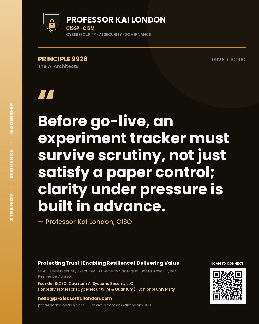 Professor Kai London principle 9926: Before go-live, an experiment tracker must survive scrutiny, not just satisfy a paper control; clarity under pressure is built in advance.